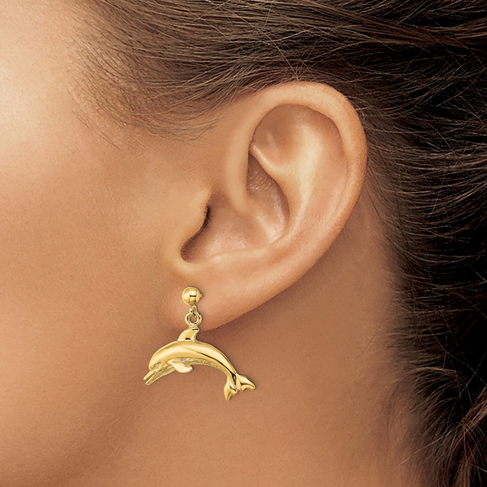 Gold Jumping Dolphin Dangle Earrings - Model TE844 - Charlie & Co. Jewelry