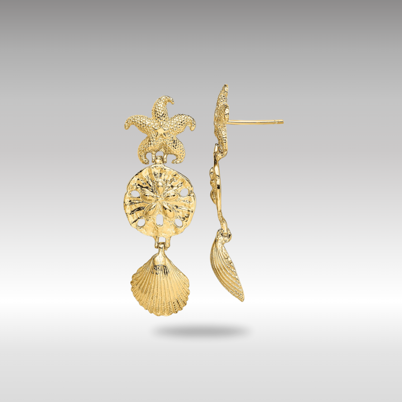 Gold Diamond Cut Starfish, Shell, Sand Dollar Dangle Earrings - Model TE847 - Charlie & Co. Jewelry