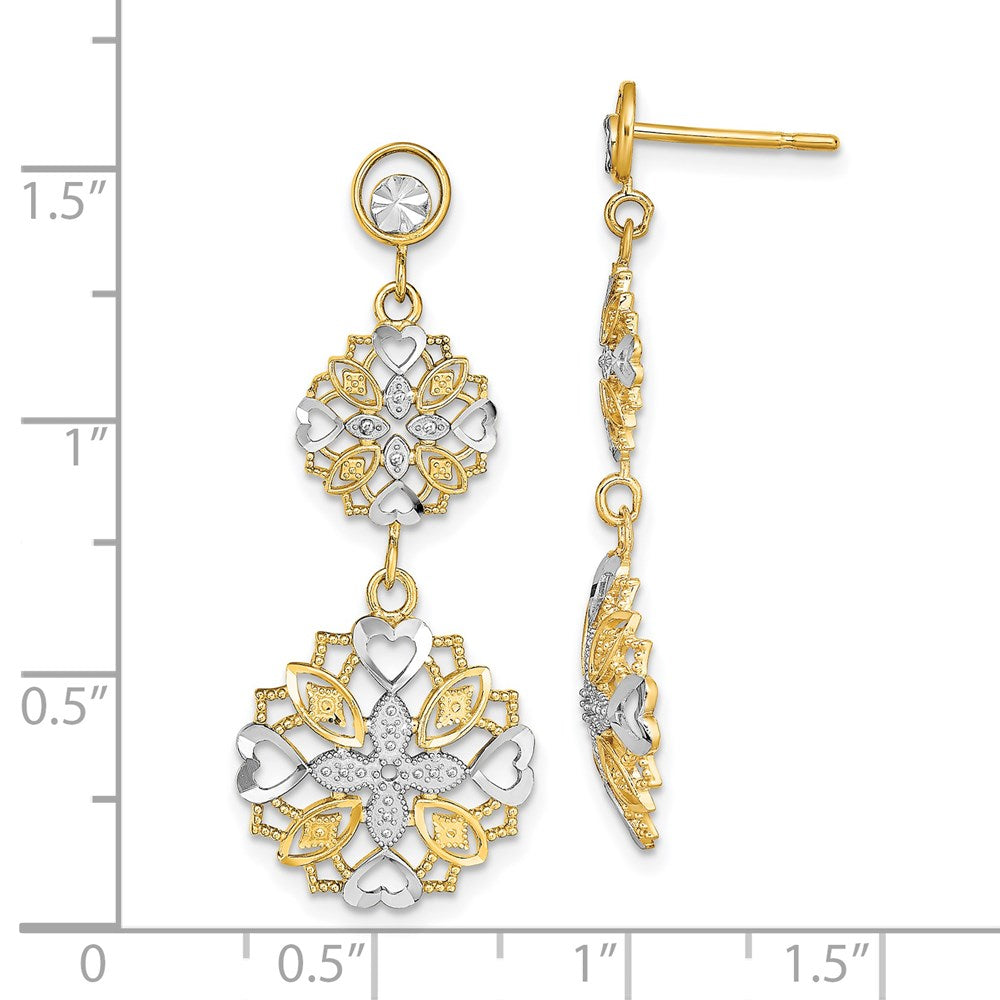 Gold Diamond Cut Flower and Heart Dangle Earrings - Model TE918 - Charlie & Co. Jewelry