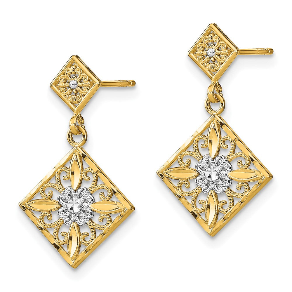 Gold Diamond Cut Square Filigree Dangle Earrings - Model TE934 - Charlie & Co. Jewelry