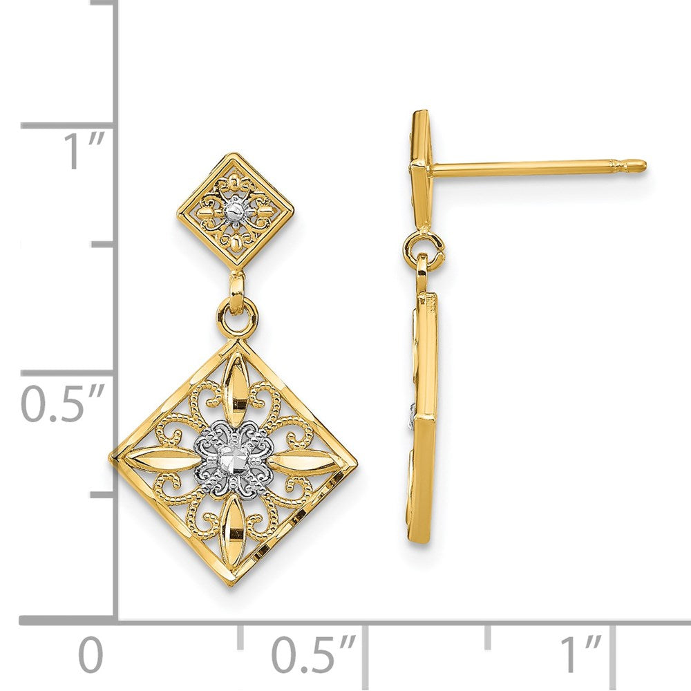 Gold Diamond Cut Square Filigree Dangle Earrings - Model TE934 - Charlie & Co. Jewelry