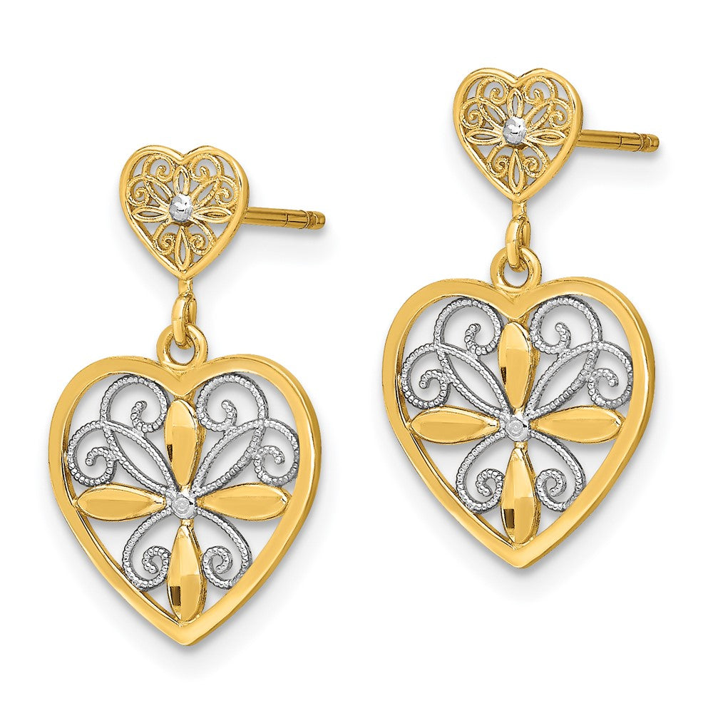 Gold Flower and Heart Beaded Filigree Dangle Earrings - Model TE935 - Charlie & Co. Jewelry