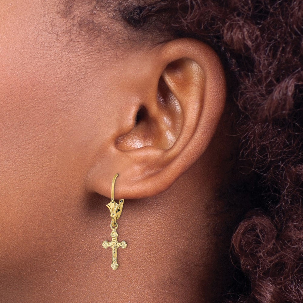 Gold Crucifix Leverback Earrings - Model TF1777 - Charlie & Co. Jewelry