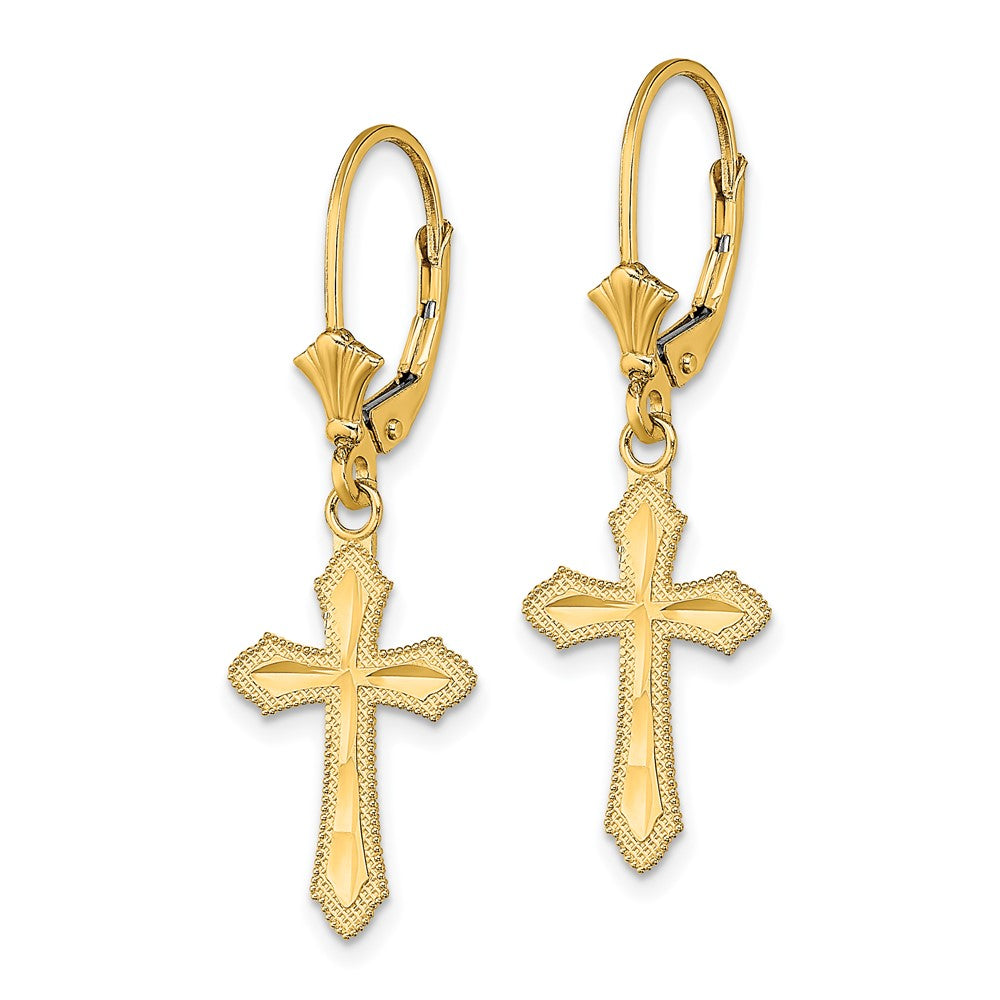 Gold Diamond Cut Cross with Beaded Edge Leverback Earrings - Model TF1778 - Charlie & Co. Jewelry