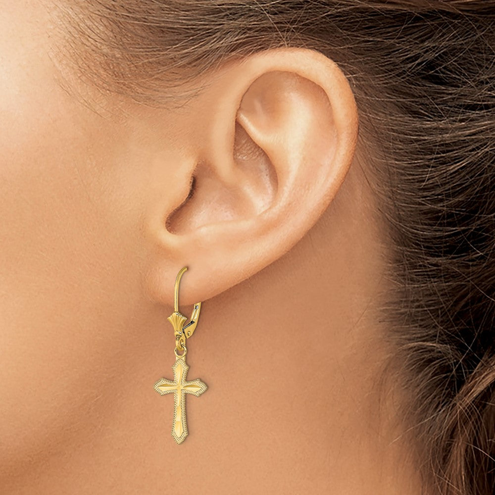 Gold Diamond Cut Cross with Beaded Edge Leverback Earrings - Model TF1778 - Charlie & Co. Jewelry