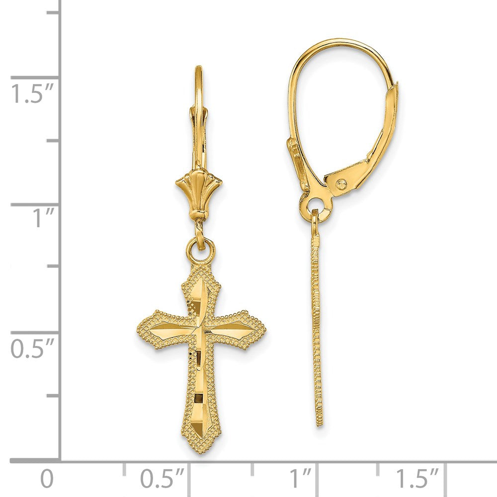 Gold Diamond Cut Cross with Beaded Edge Leverback Earrings - Model TF1778 - Charlie & Co. Jewelry