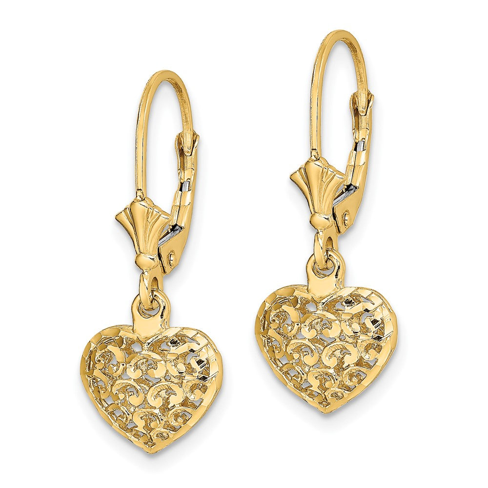 Gold Diamond-cut Mini Puffed Heart Leverback Earrings Model-TF1784 - Charlie & Co. Jewelry