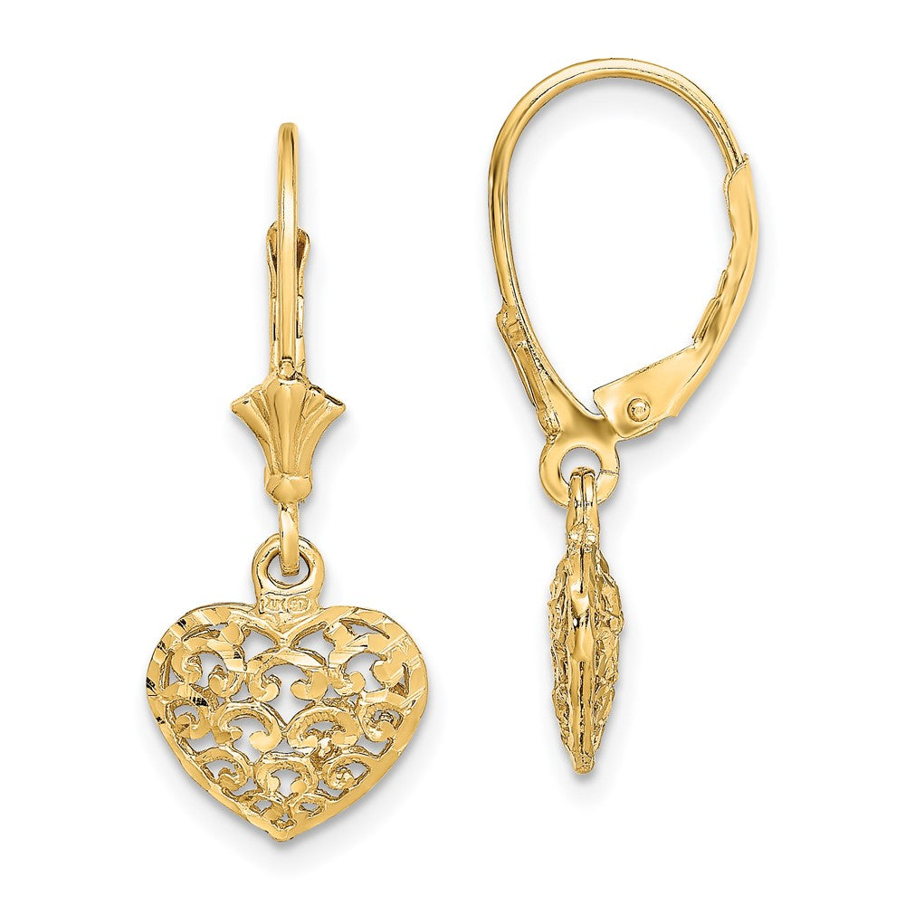 Gold Diamond-cut Mini Puffed Heart Leverback Earrings Model-TF1784 - Charlie & Co. Jewelry