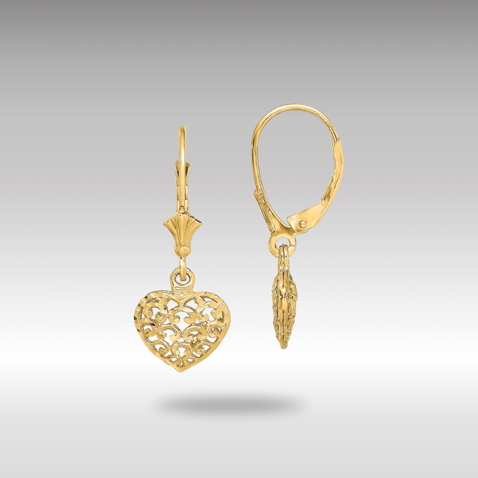 Gold Diamond-cut Mini Puffed Heart Leverback Earrings Model-TF1784 - Charlie & Co. Jewelry