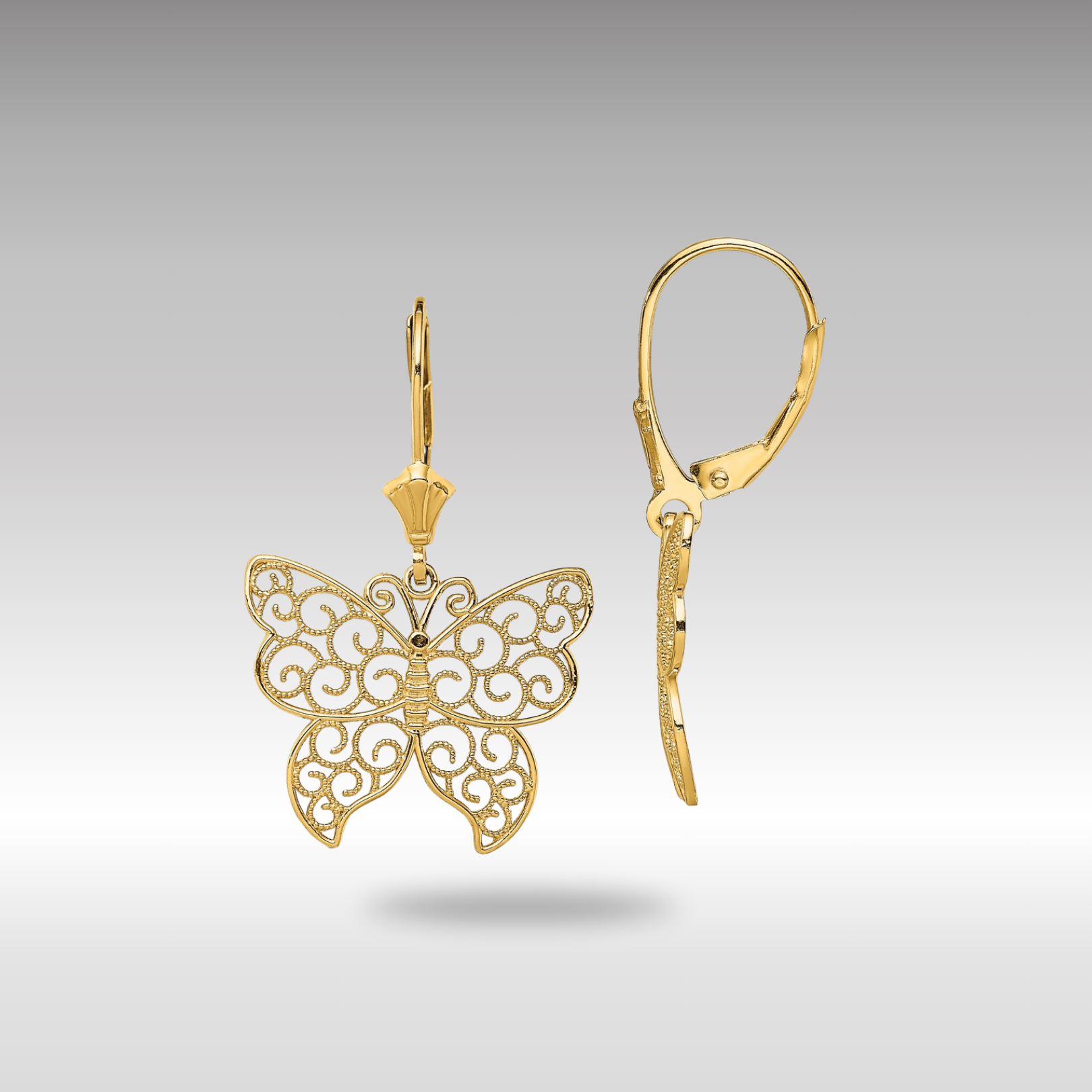 14K Gold Butterfly with Beaded Filigree Wings Leverback Earrings