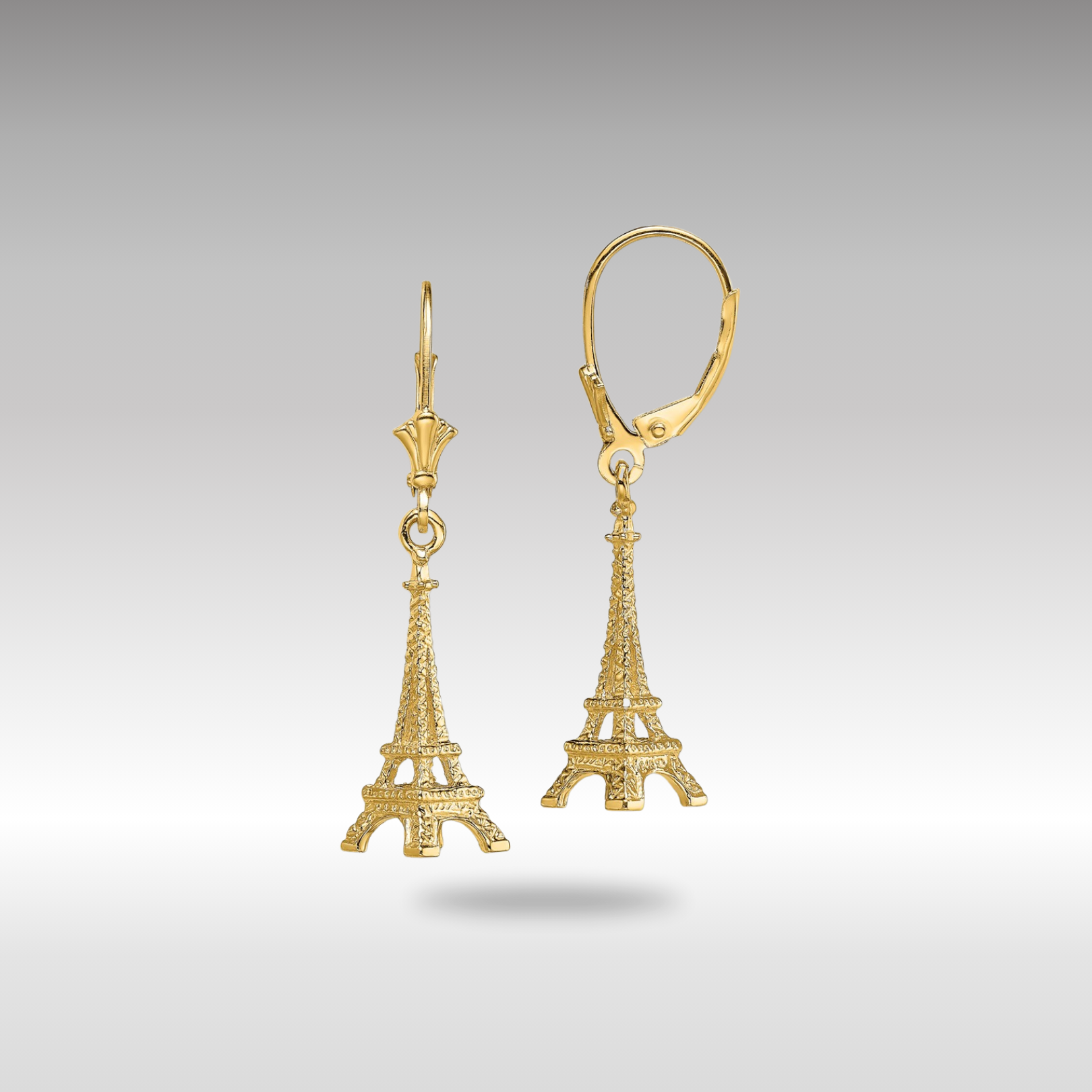 Gold 3-D Eiffel Tower Leverback Earrings - Model TF1798 - Charlie & Co. Jewelry