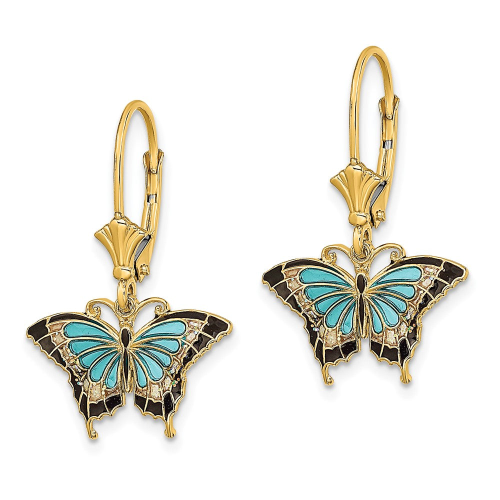 Gold Aqua Enameled Wings Butterfly Leverback Earrings - Model TF1916 - Charlie & Co. Jewelry