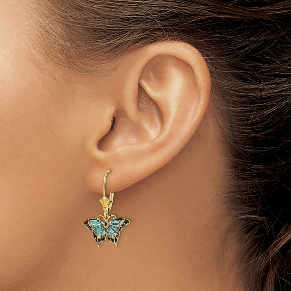 Gold Aqua Enameled Wings Butterfly Leverback Earrings - Model TF1916 - Charlie & Co. Jewelry