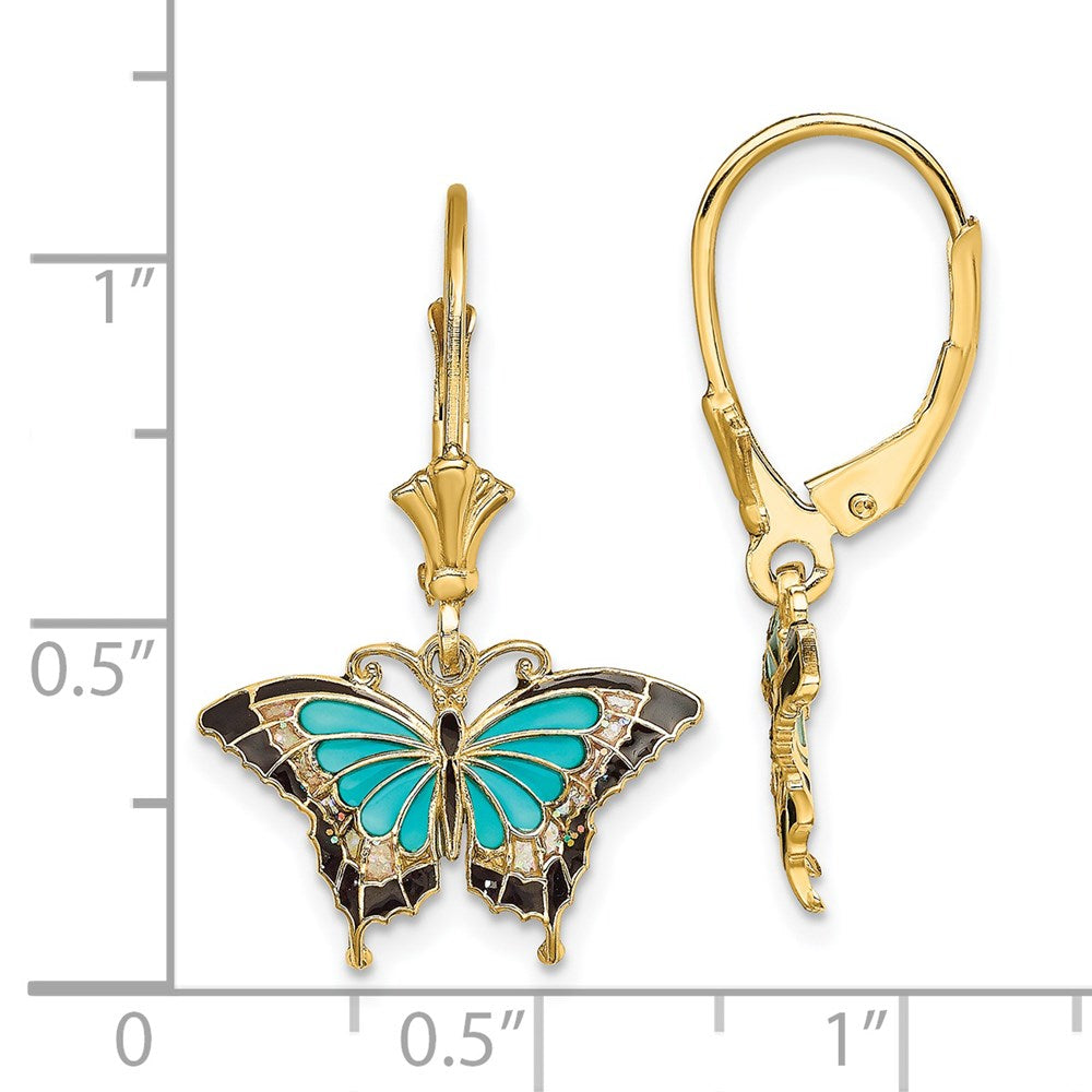 Gold Aqua Enameled Wings Butterfly Leverback Earrings - Model TF1916 - Charlie & Co. Jewelry