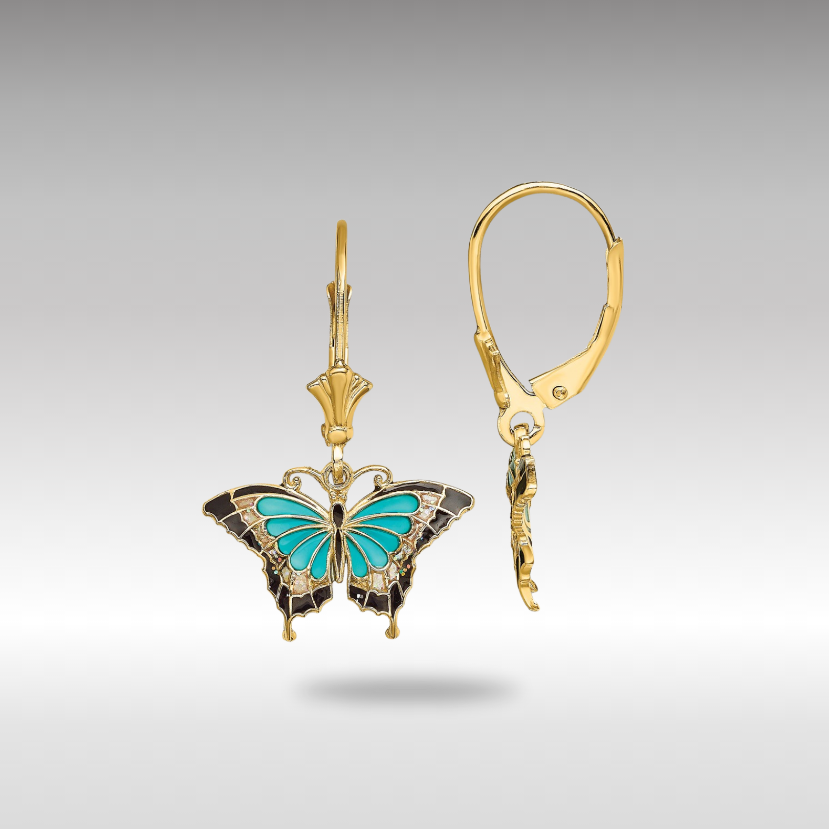 Gold Aqua Enameled Wings Butterfly Leverback Earrings - Model TF1916 - Charlie & Co. Jewelry