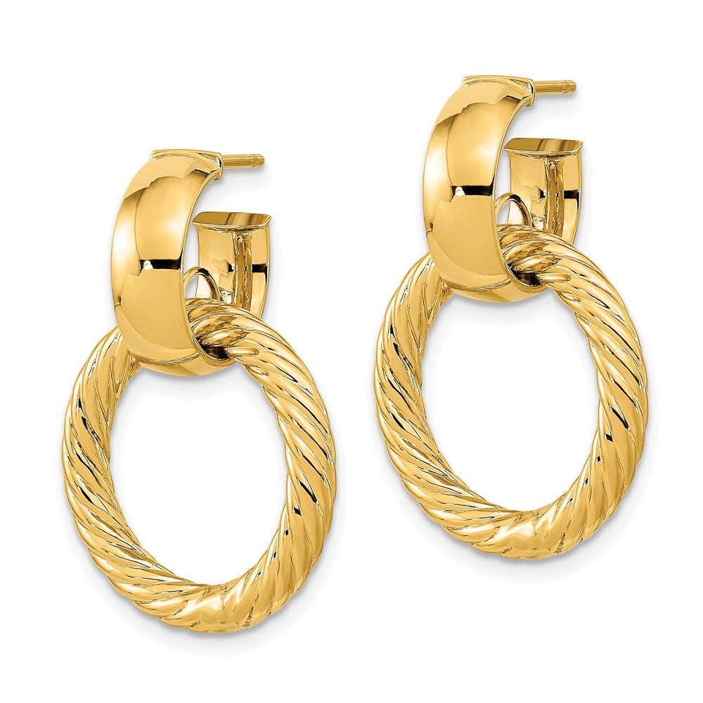 Gold Polished and Textured Fancy Dangle Post Hoop Earrings - Model TF2157 - Charlie & Co. Jewelry