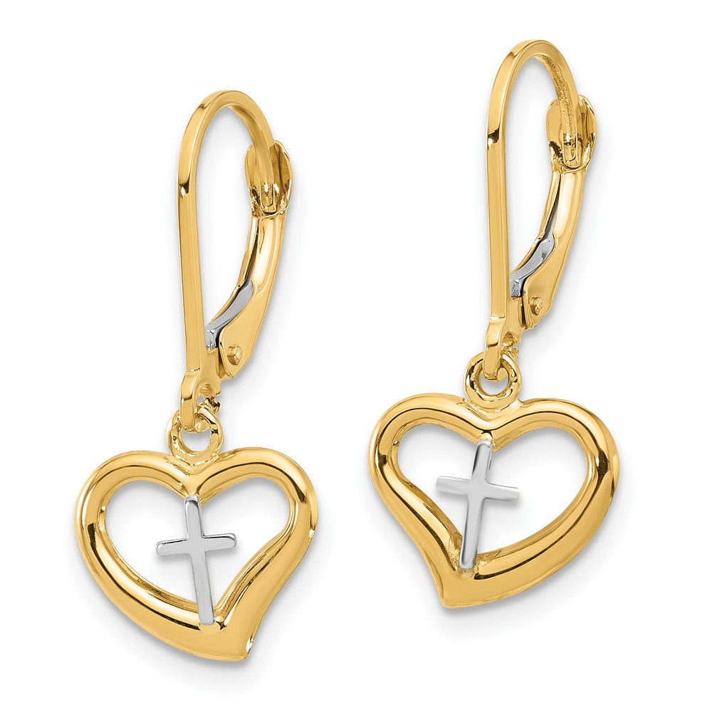 Gold Two-tone Polished Cross in Heart Leverback Dangle Earrings - Model TF2362 - Charlie & Co. Jewelry