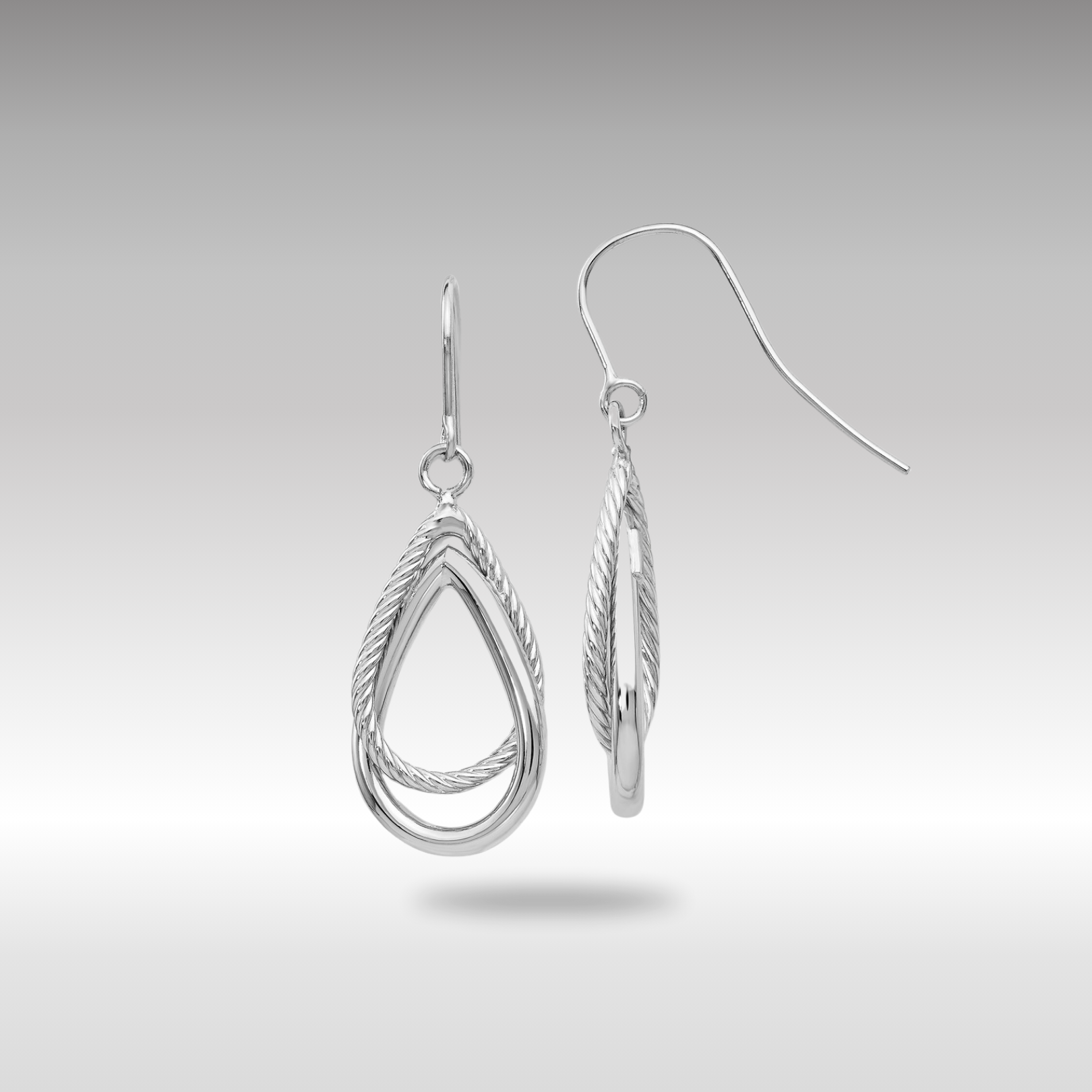 White Gold Polished and Textured Teardrop Shepherd Hook Earrings - Model TF547 - Charlie & Co. Jewelry