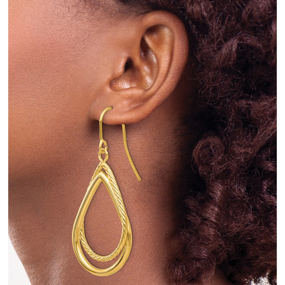 Gold Polished and Textured Teardrop Shepherd Hook Earrings - Model TF548 - Charlie & Co. Jewelry