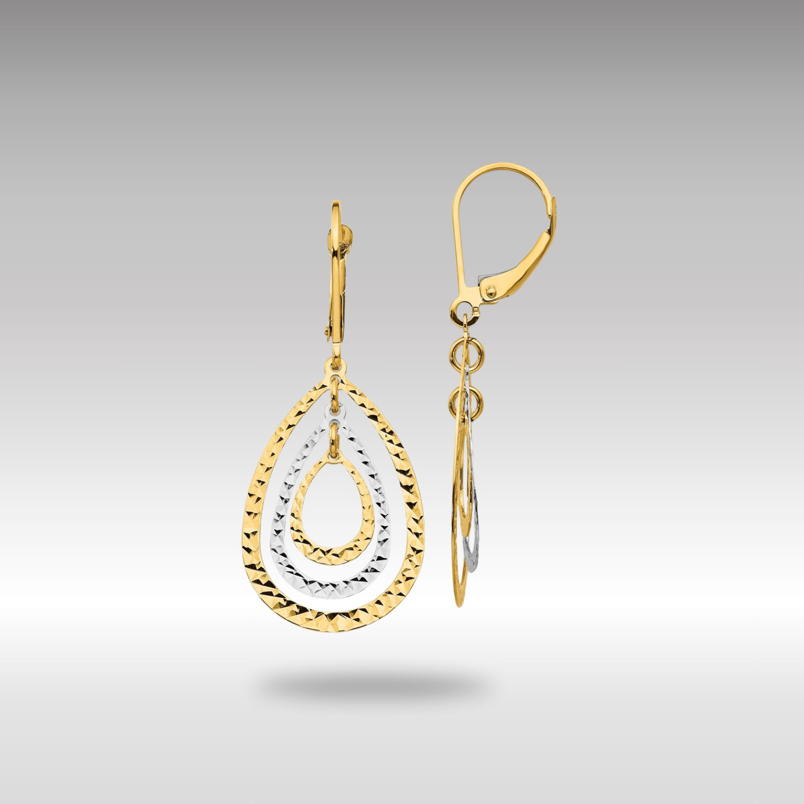 Yellow and White Gold Tear Drop Diamond Cut Leverback Earrings Model-TH882 - Charlie & Co. Jewelry