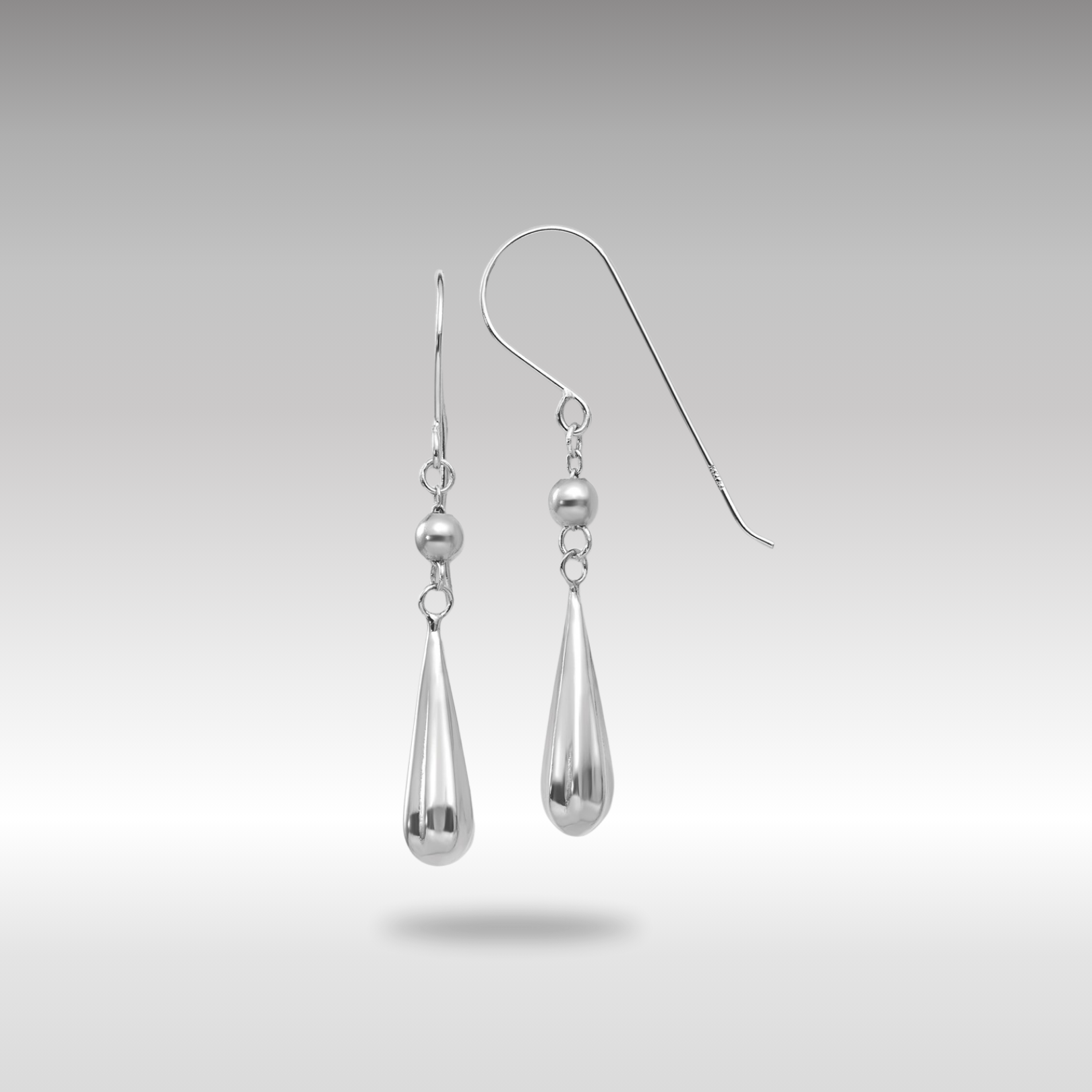 White Gold Grooved Puffed Teardrop Shepherd Hook Earrings Model-TH933 - Charlie & Co. Jewelry