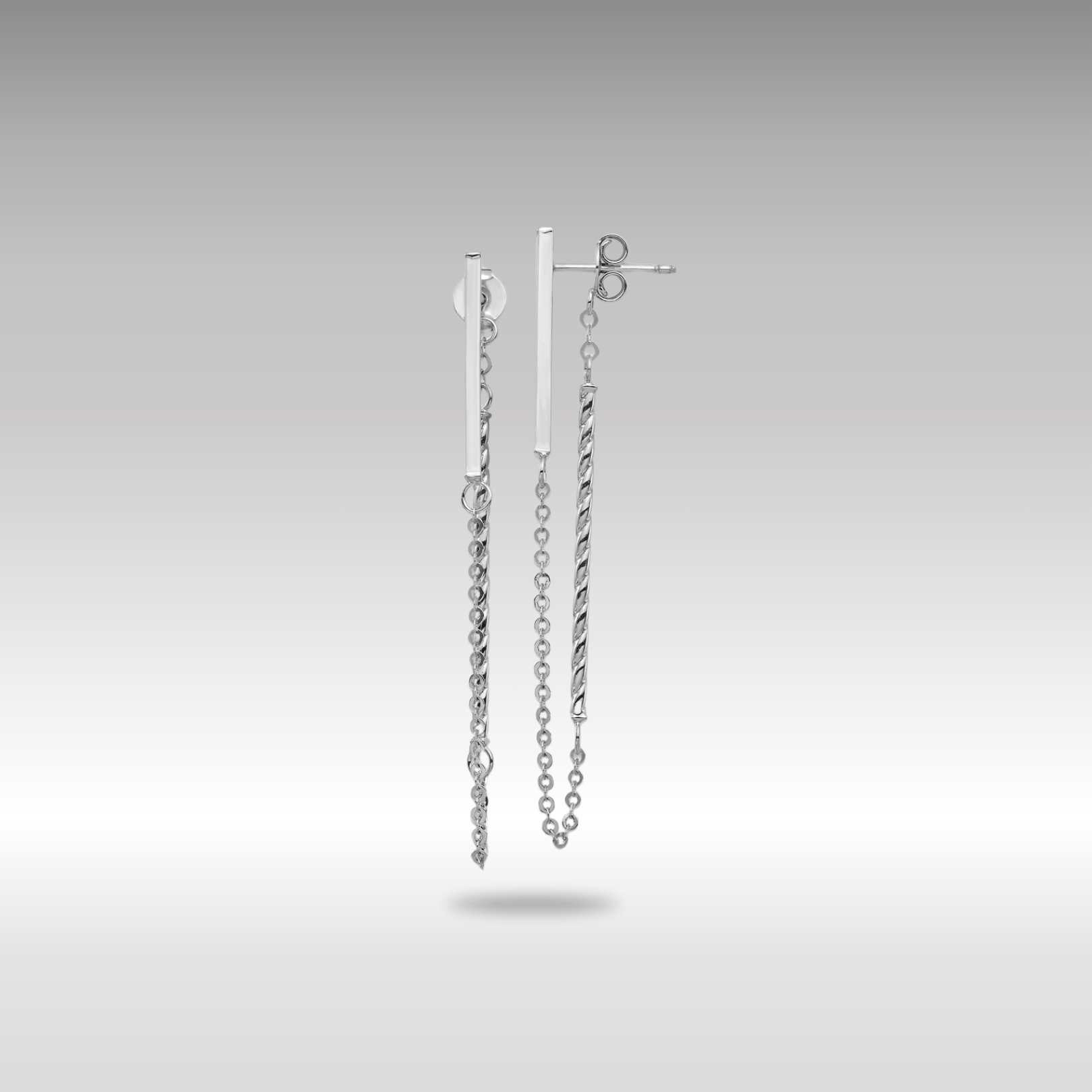 White Gold Polished and Twisted Bar with Chain Post Earrings - Model TH988 - Charlie & Co. Jewelry