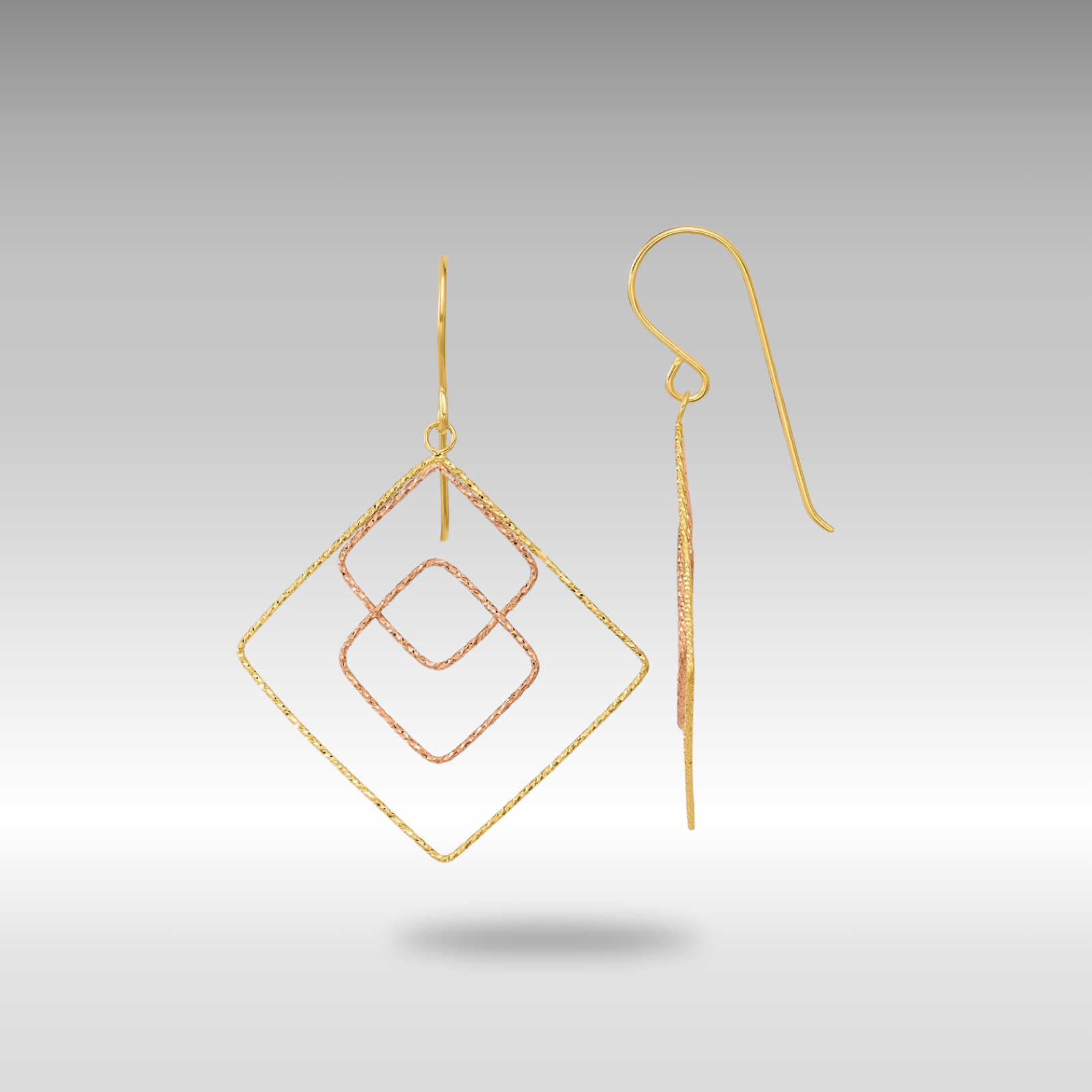 Gold Two-tone Diamond-cut Graduated Square Shepherd Hook Earrings - Model TL1004 - Charlie & Co. Jewelry