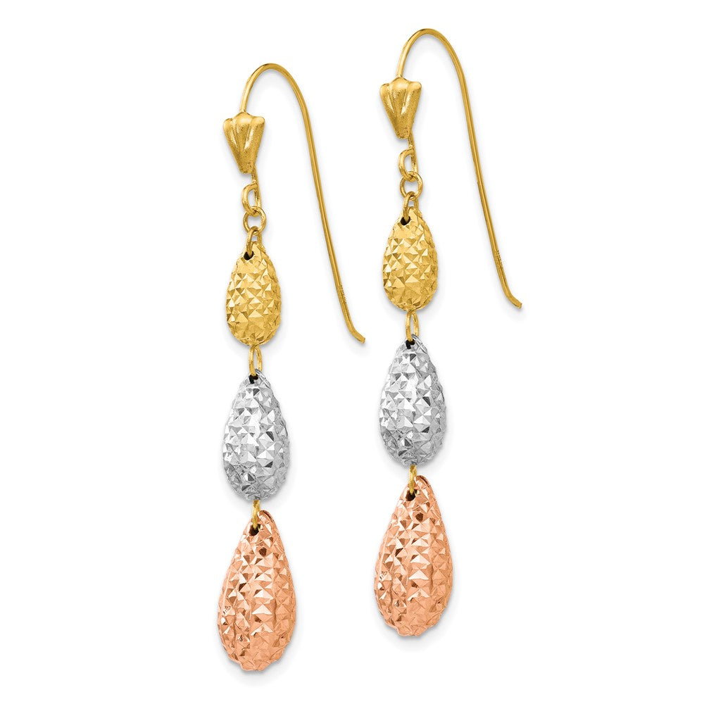 Gold Tri-color Puff Diamond-cut Teardrop Dangle Earrings - Model TL476 - Charlie & Co. Jewelry