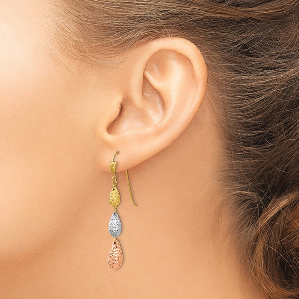 Gold Tri-color Puff Diamond-cut Teardrop Dangle Earrings - Model TL476 - Charlie & Co. Jewelry