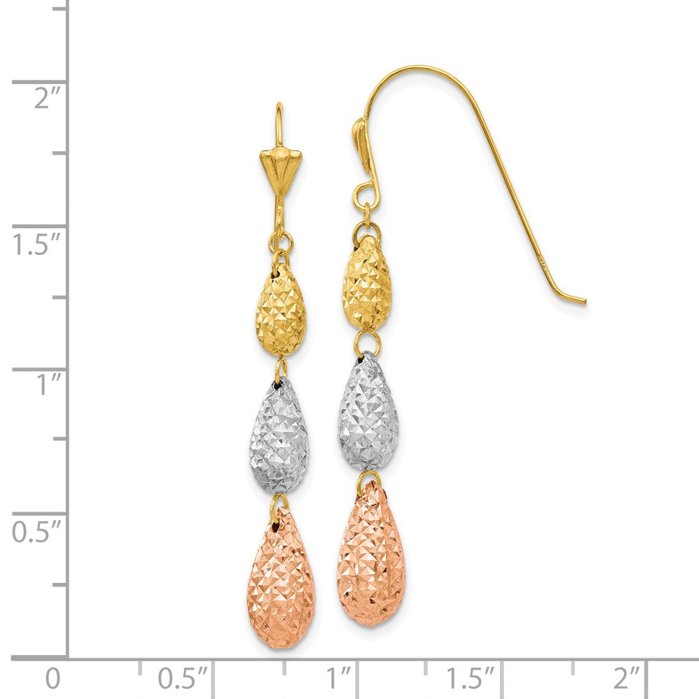 Gold Tri-color Puff Diamond-cut Teardrop Dangle Earrings - Model TL476 - Charlie & Co. Jewelry