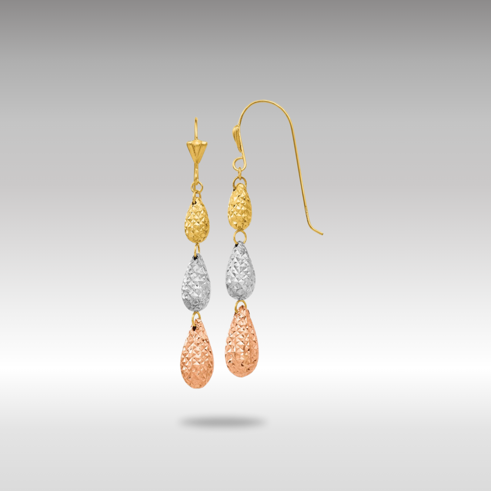 Gold Tri-color Puff Diamond-cut Teardrop Dangle Earrings - Model TL476 - Charlie & Co. Jewelry