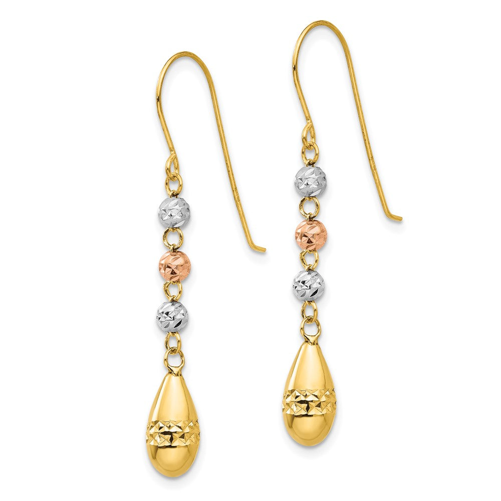 Gold Tri-color Diamond-cut Teardrop Beaded Puff Dangle Earrings - Model TL537 - Charlie & Co. Jewelry