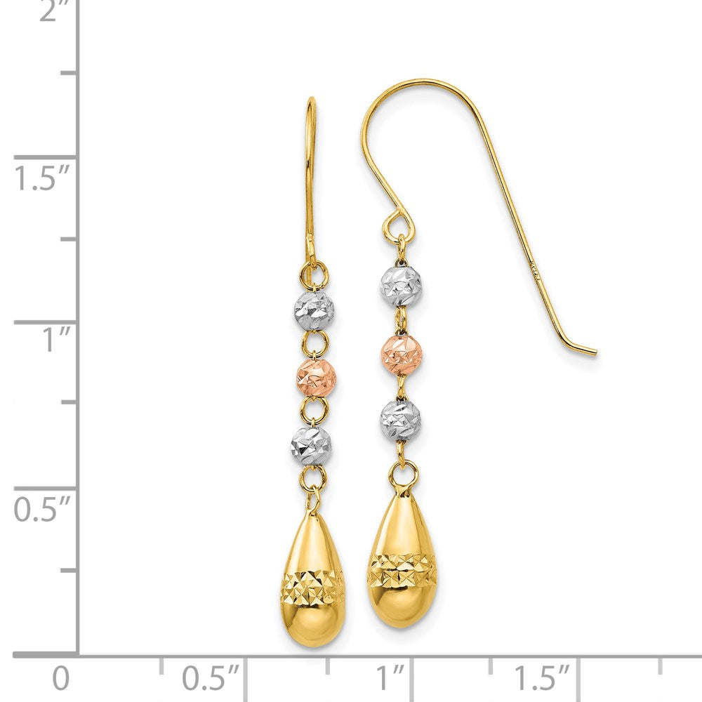 Gold Tri-color Diamond-cut Teardrop Beaded Puff Dangle Earrings - Model TL537 - Charlie & Co. Jewelry