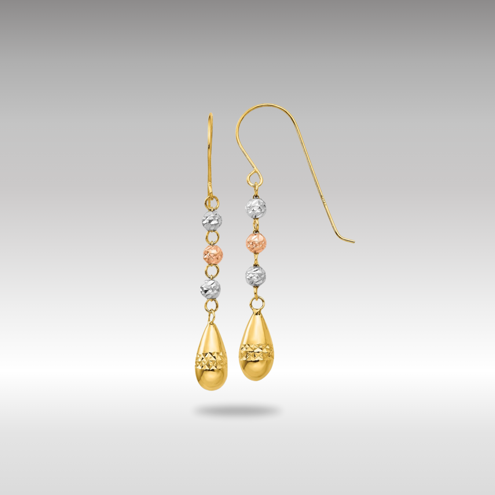 Gold Tri-color Diamond-cut Teardrop Beaded Puff Dangle Earrings - Model TL537 - Charlie & Co. Jewelry