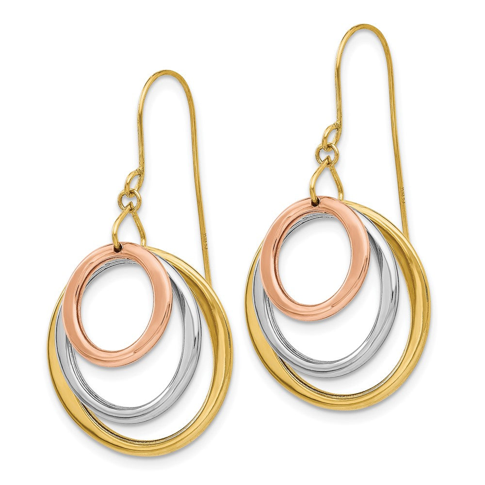 Gold Tri-color Circle Dangle Shepherd Hook Earrings - Model TL812 - Charlie & Co. Jewelry