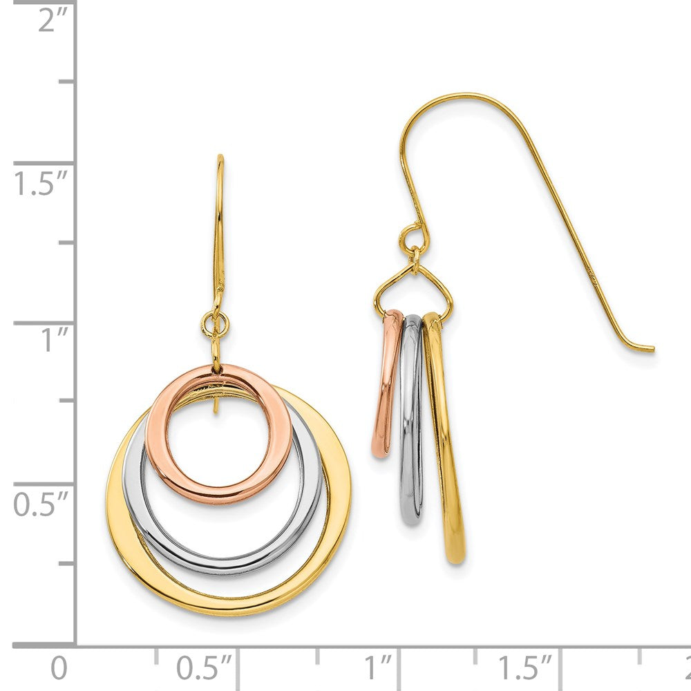 Gold Tri-color Circle Dangle Shepherd Hook Earrings - Model TL812 - Charlie & Co. Jewelry