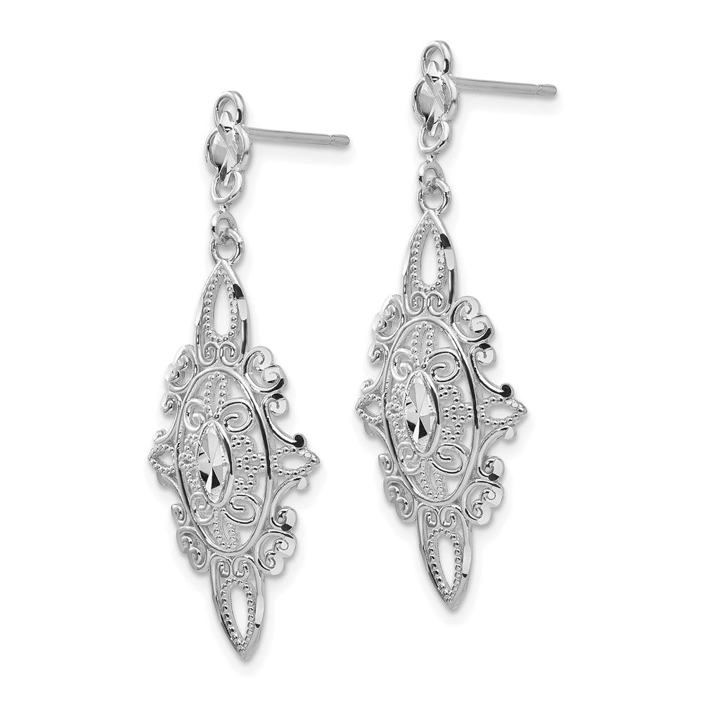 White Gold Diamond-cut Filigree Dangle Earrings Model-TP138 - Charlie & Co. Jewelry