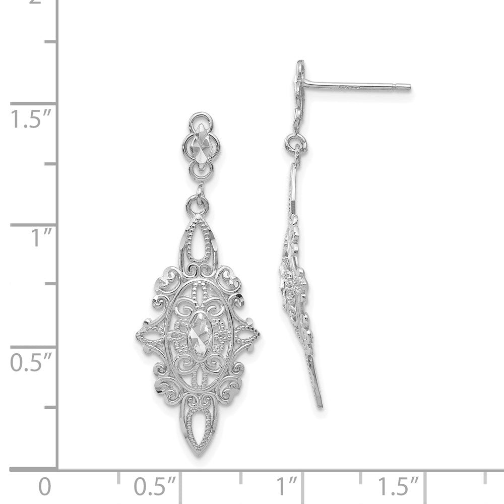 White Gold Diamond-cut Filigree Dangle Earrings Model-TP138 - Charlie & Co. Jewelry