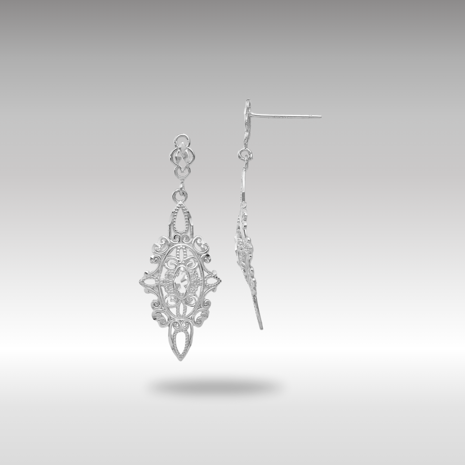 White Gold Diamond-cut Filigree Dangle Earrings Model-TP138 - Charlie & Co. Jewelry