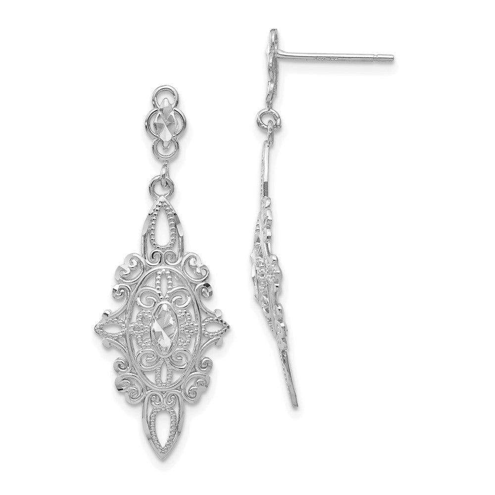 White Gold Diamond-cut Filigree Dangle Earrings Model-TP138 - Charlie & Co. Jewelry