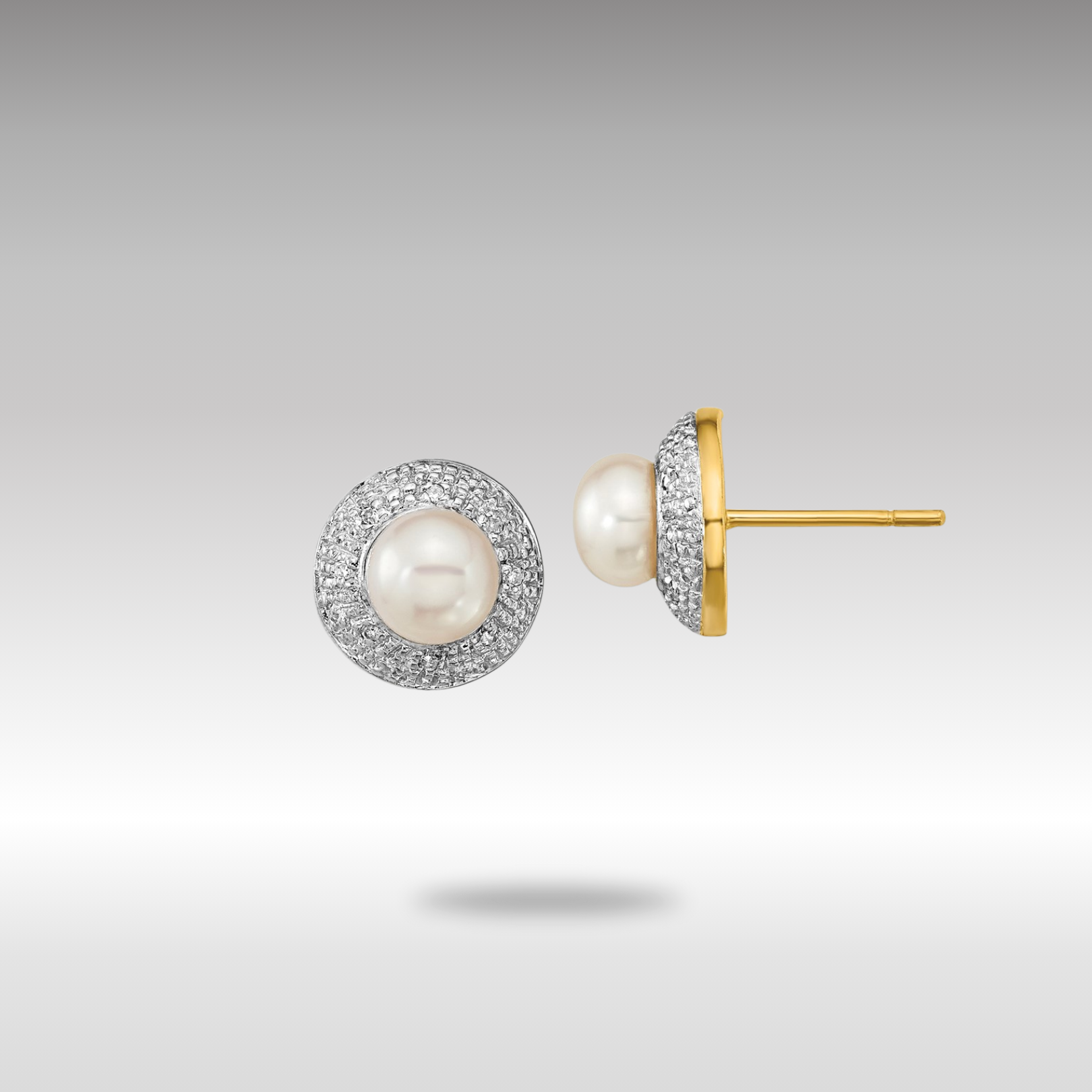 Yellow and White Gold 5-6mm Button FWC Pearl .05ct Diamond Post Earrings - Model XE1971P/A - Charlie & Co. Jewelry