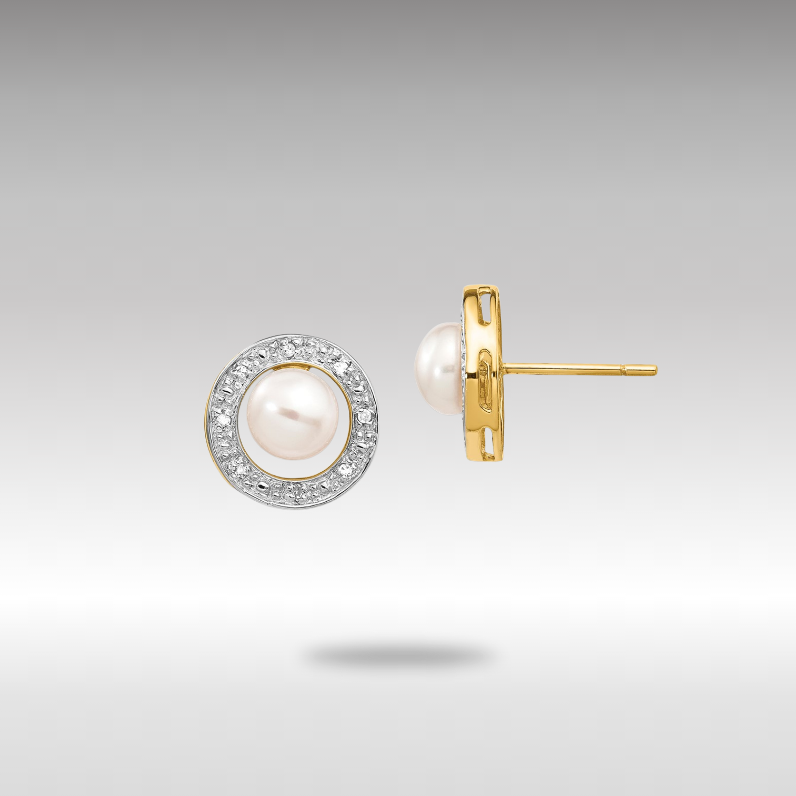 Gold 5-6mm Button FWC Pearl .05ct Diamond Post Earrings - Model XE1972P/A - Charlie & Co. Jewelry