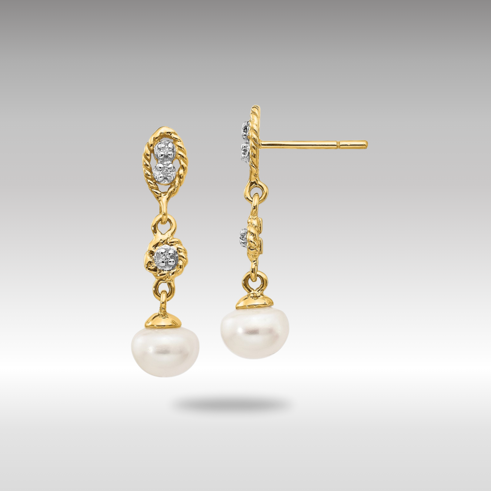 Gold 6-7mm Semi-round FWC Pearl .02ct Diamond Earrings - Model XE1975P/A - Charlie & Co. Jewelry