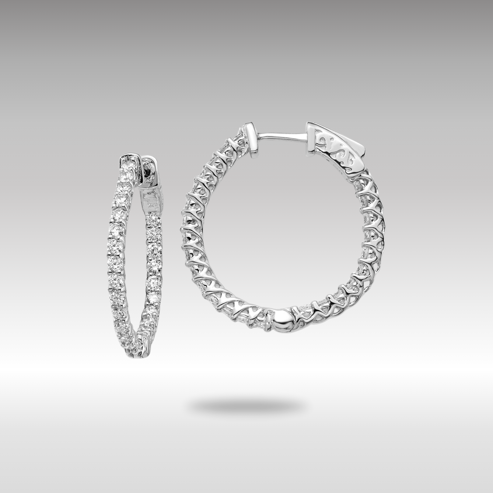 White Gold Diamond Round Hoop with Safety Clasp Earrings - Model XE2003W/VS - Charlie & Co. Jewelry