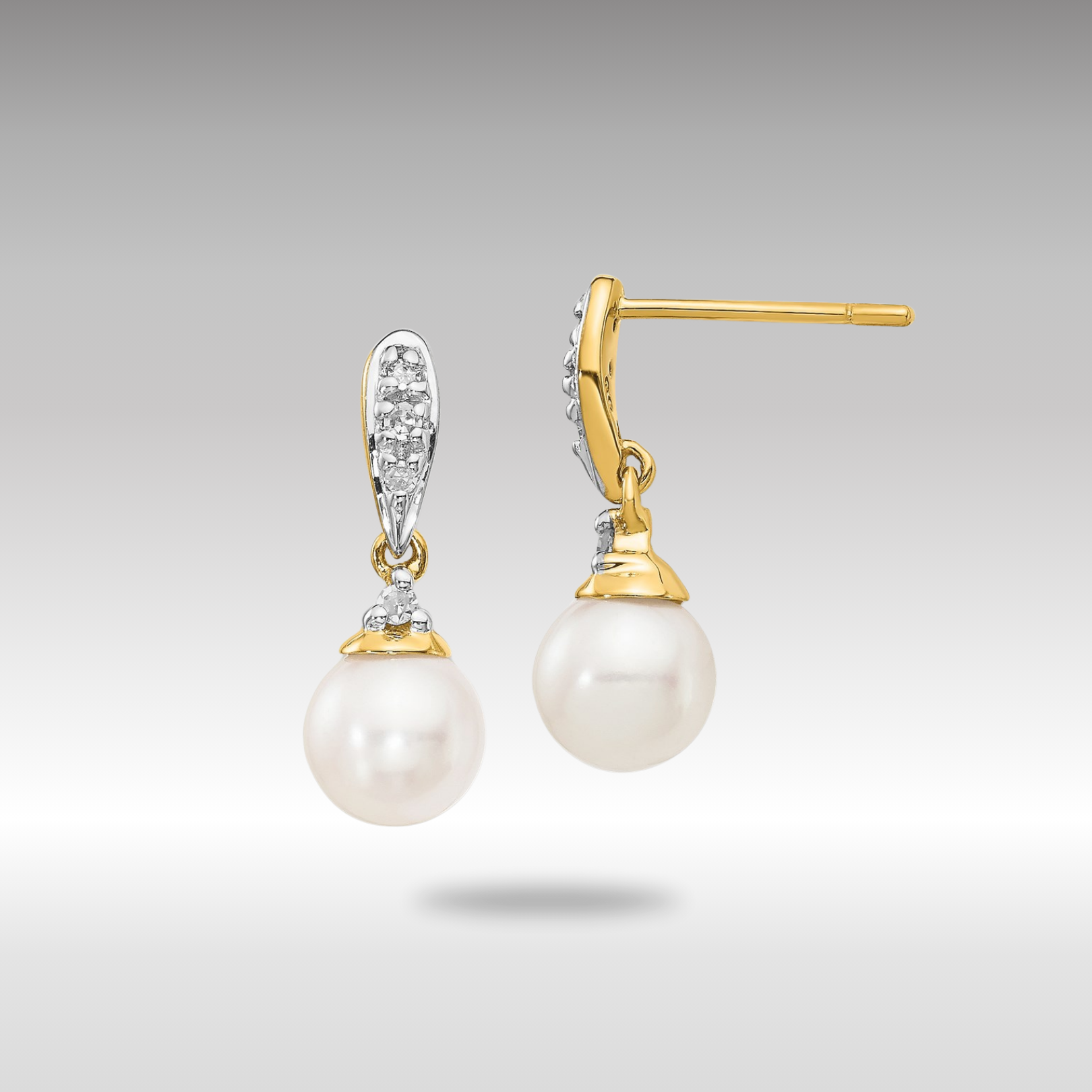 Gold 6-7mm White Round FWC Pearl .08ct Diamond Dangle Earrings - Model XE2497AA - Charlie & Co. Jewelry