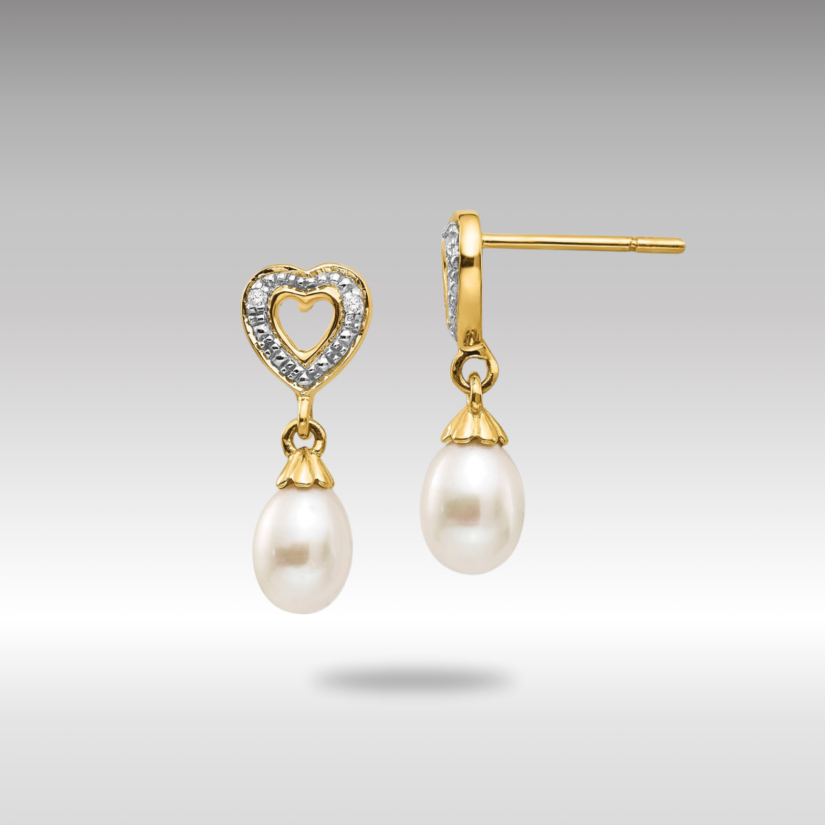 Gold 7x5mm Teardrop FWC Pearl .01ct Heart Diamond Dangle Earrings - Model XE2498AA - Charlie & Co. Jewelry