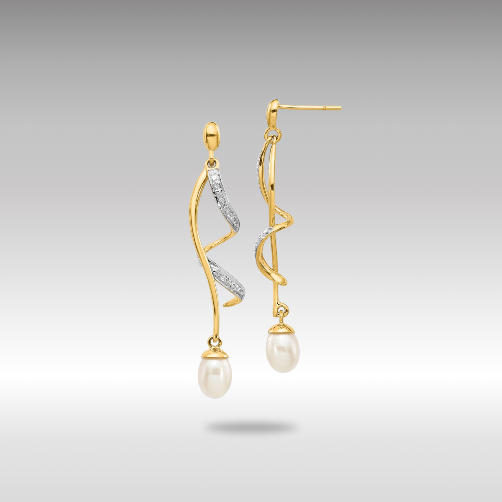 Gold 7x5mm White Teardrop FWC Pearl .01ct Diamond Dangle Earrings - Model XE2514AA - Charlie & Co. Jewelry