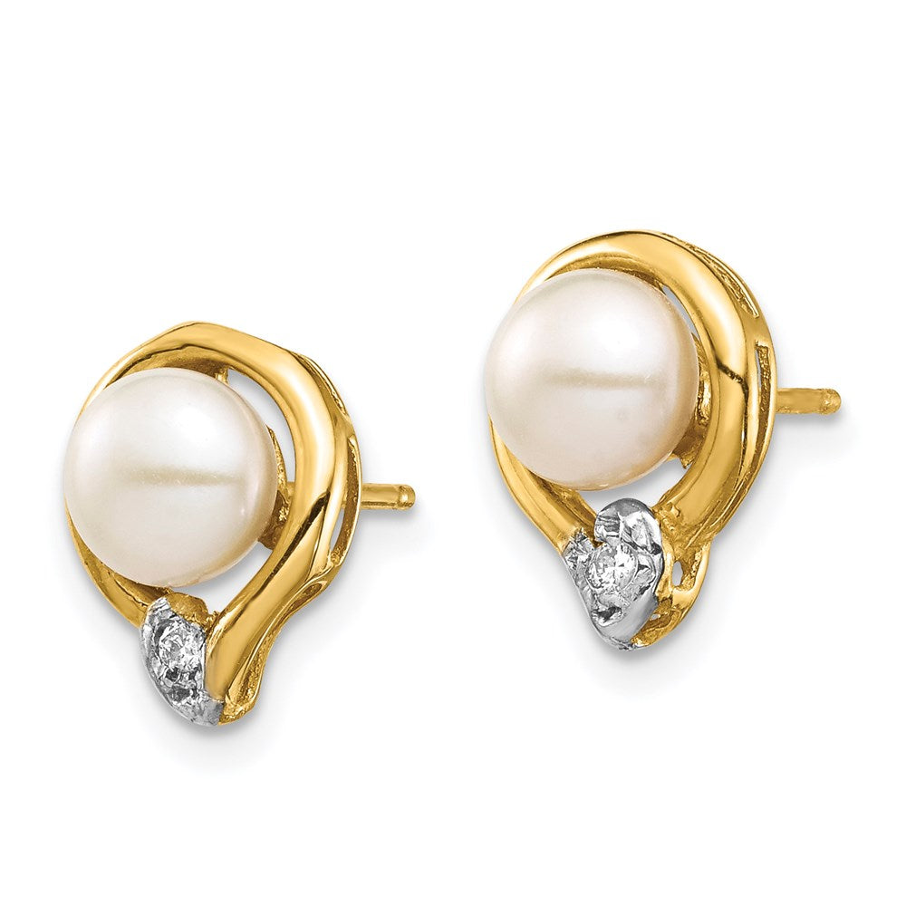 Gold 5-6mm White Button FW Cultured Pearl .02ct Diamond Post Earrings - Model XE3234AA - Charlie & Co. Jewelry