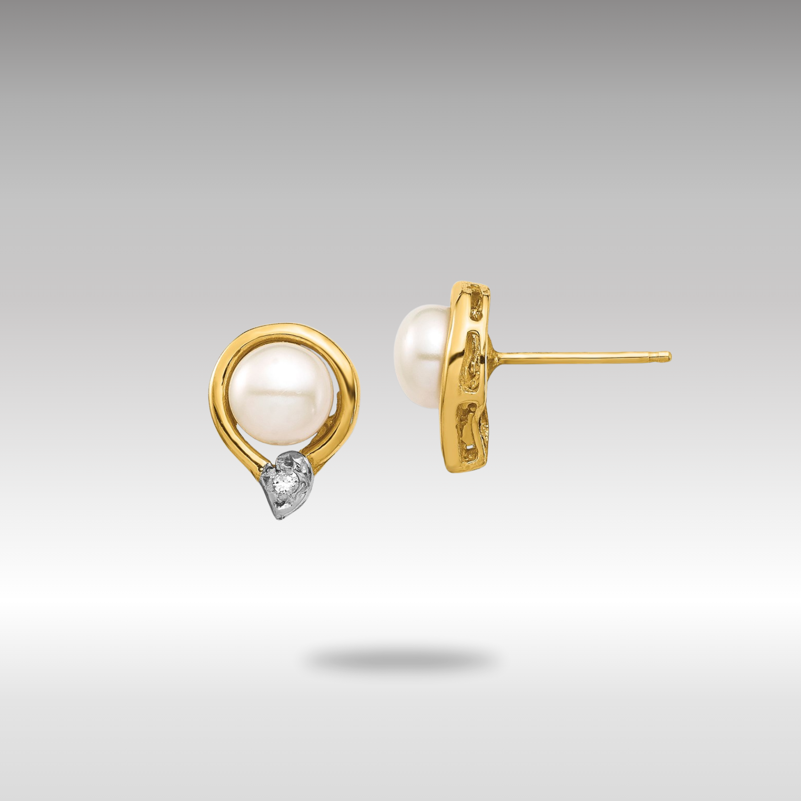 Gold 5-6mm White Button FW Cultured Pearl .02ct Diamond Post Earrings - Model XE3234AA - Charlie & Co. Jewelry