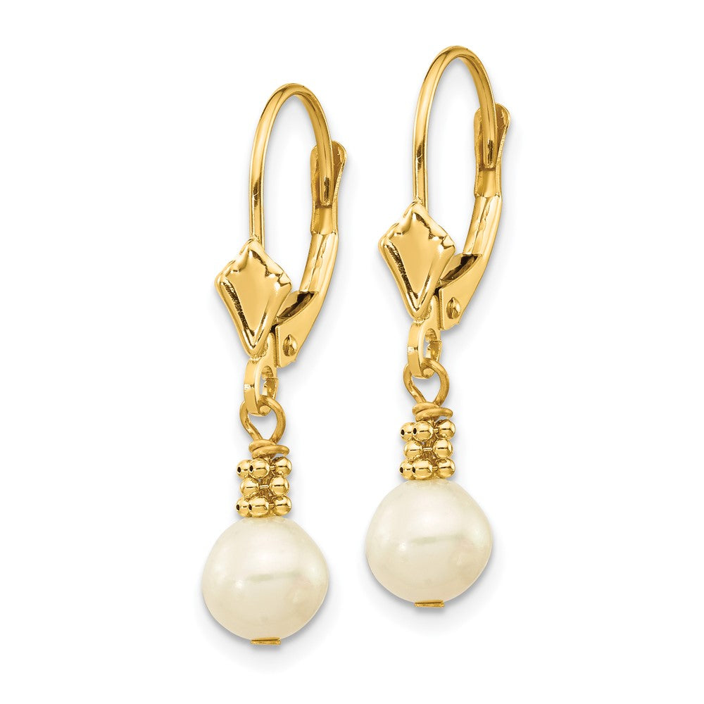 Gold 5-6mm White Semi-round Freshwater Cultured Pearl Leverback Earrings - Model XF208 - Charlie & Co. Jewelry